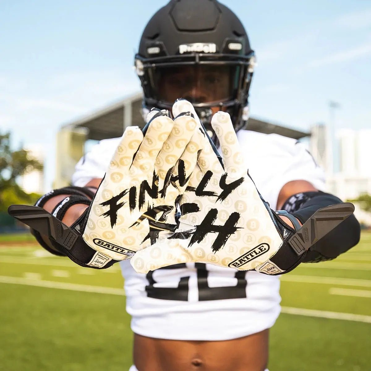 Battle Sports Finally Rich Youth Football Receiver Gloves - White/Black Battle Sports