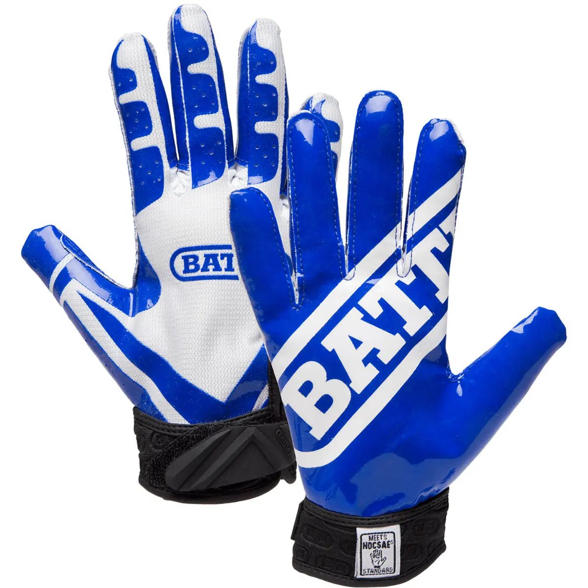 Blue and white receivers ultra-stick football gloves with 'Bata' branding on a white background