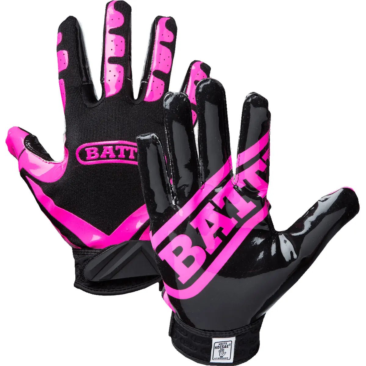 Black and pink battle receivers ultra-stick football gloves with 'Battleridge' branding on a white background