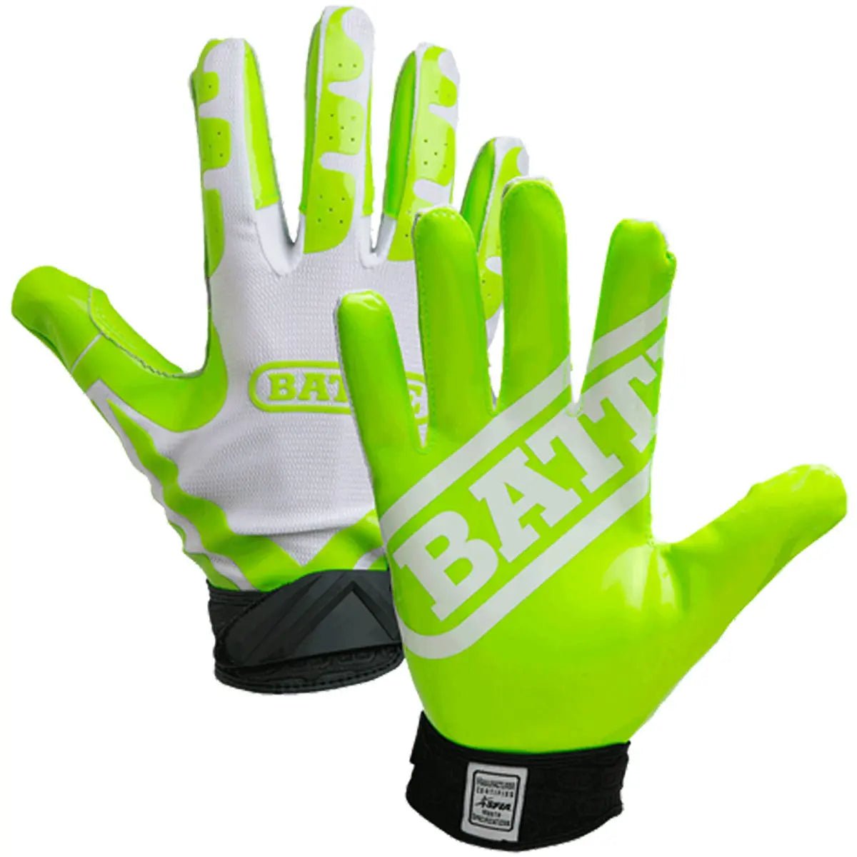 Pair of green and white receivers ultra-stick football gloves with 'Battler' branding on a white background
