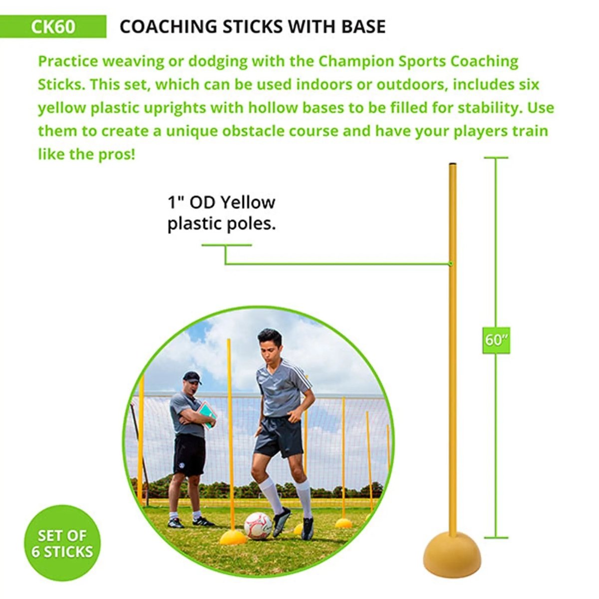 Champion Sports Coaching Sticks With Base - 60"H x 1" OD - Yellow plastic poles Champion Sports