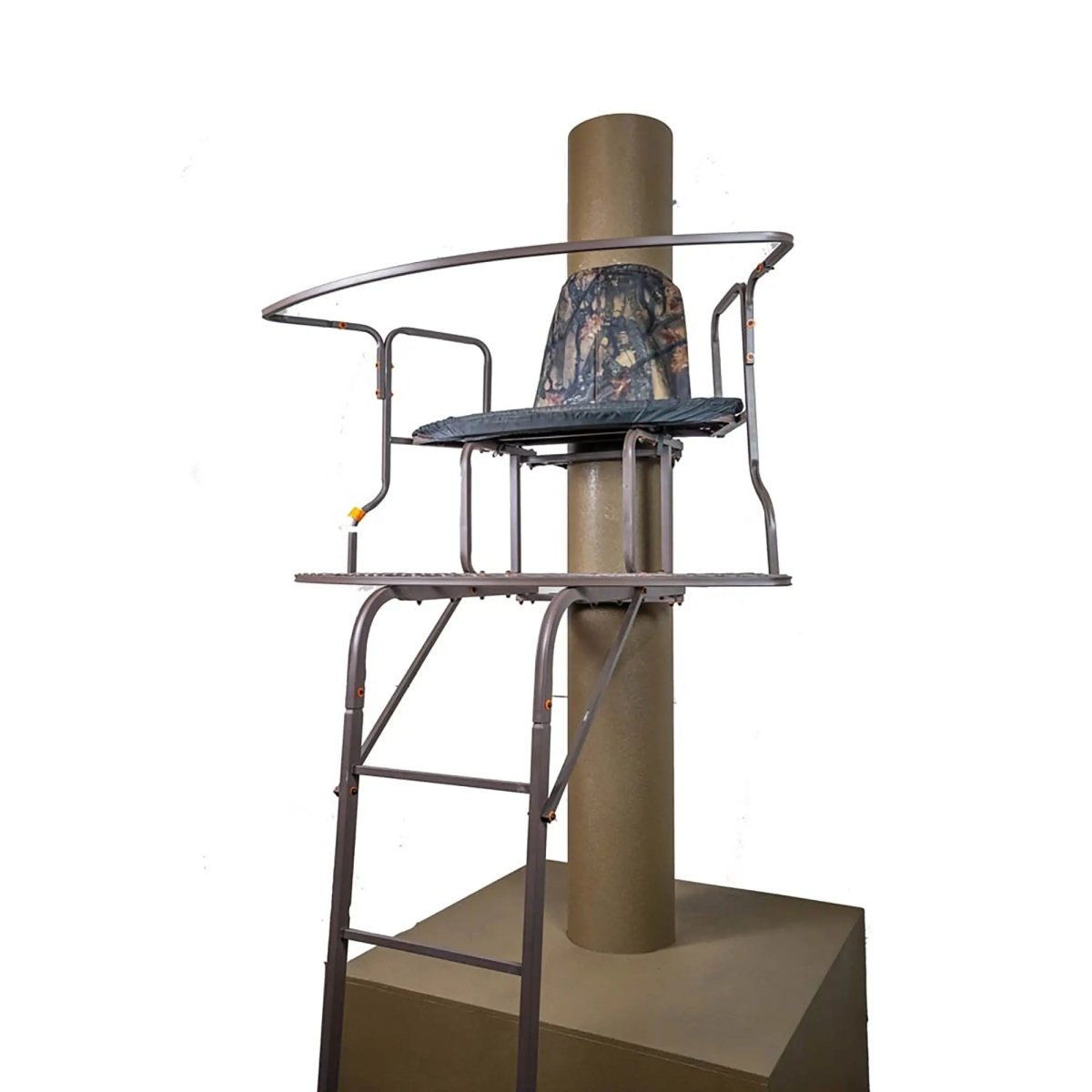 Hunting ladder stand with camouflage seat on a white background