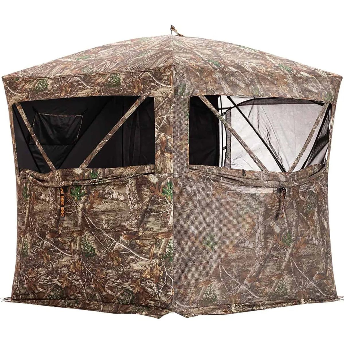 Camouflage hunting see through blind with multiple windows on a white background