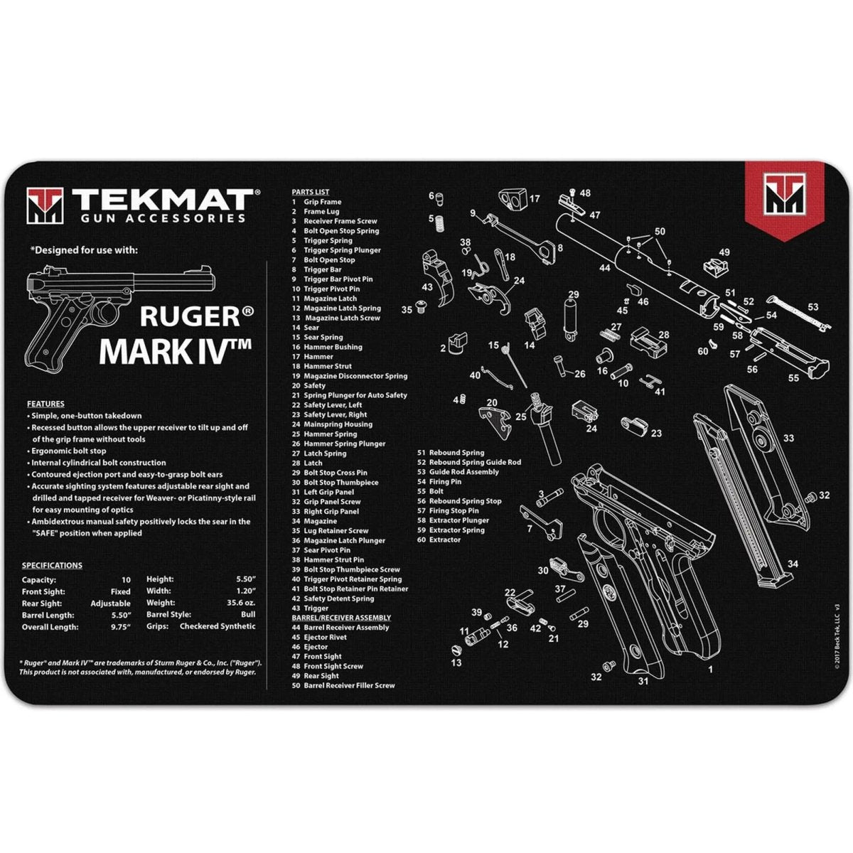 TekMat Original Gun Cleaning Mat - 17" X 11" - Ruger MARK IV TekMat