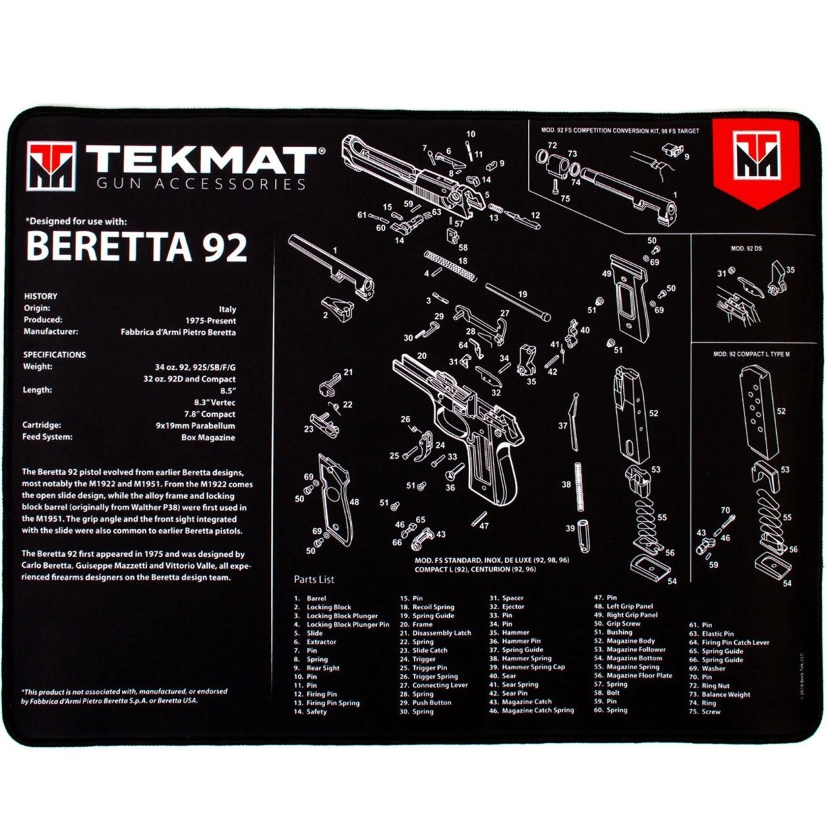 TekMat Ultra Premium Gun Cleaning Mat - 20" X 15" - Beretta 92 TekMat
