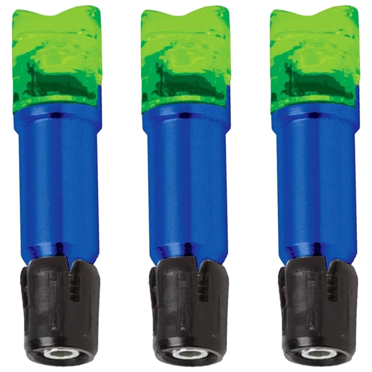Three blue and green launchpad crossbow nock on a white background