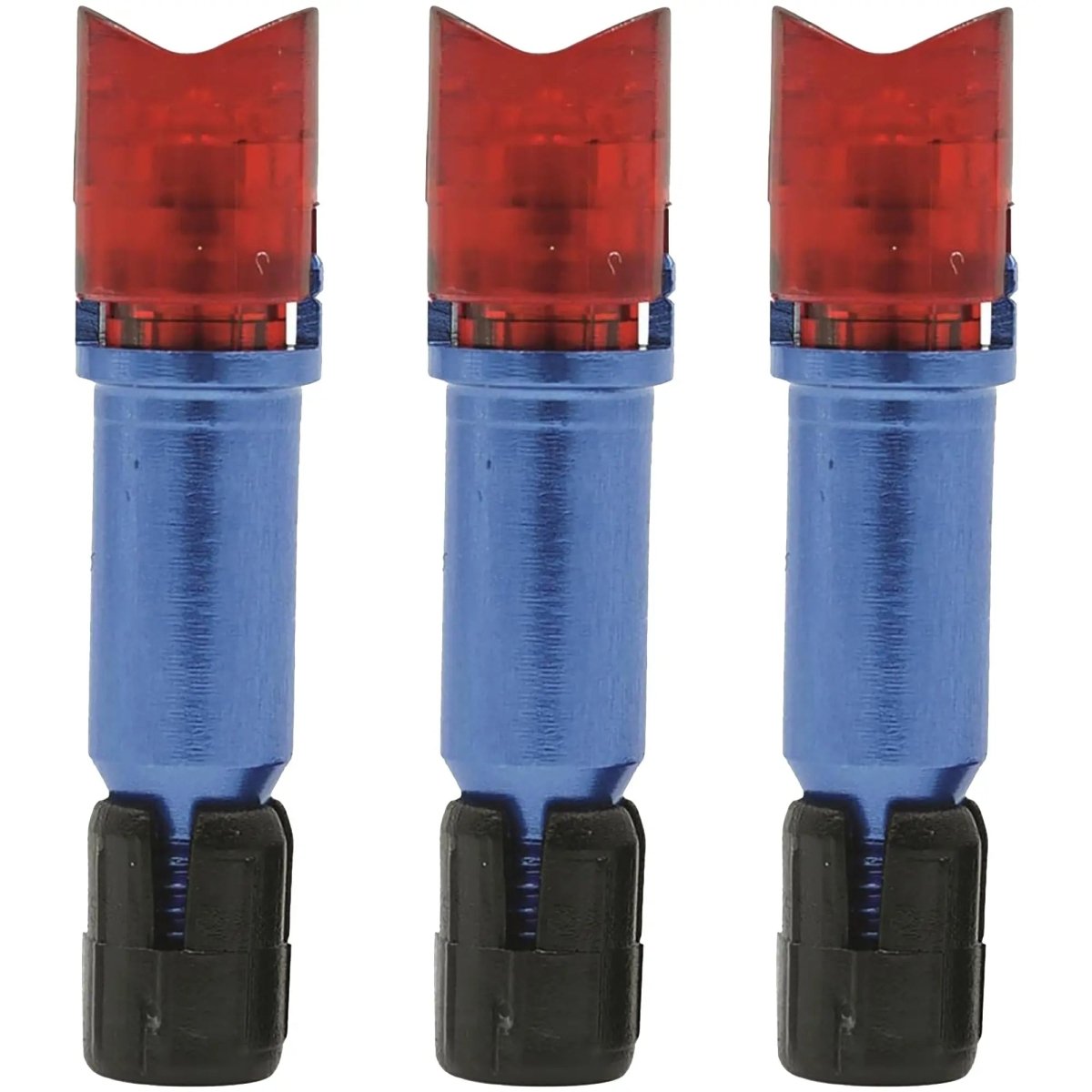 Three blue and red launchpad crossbow nock on a white background