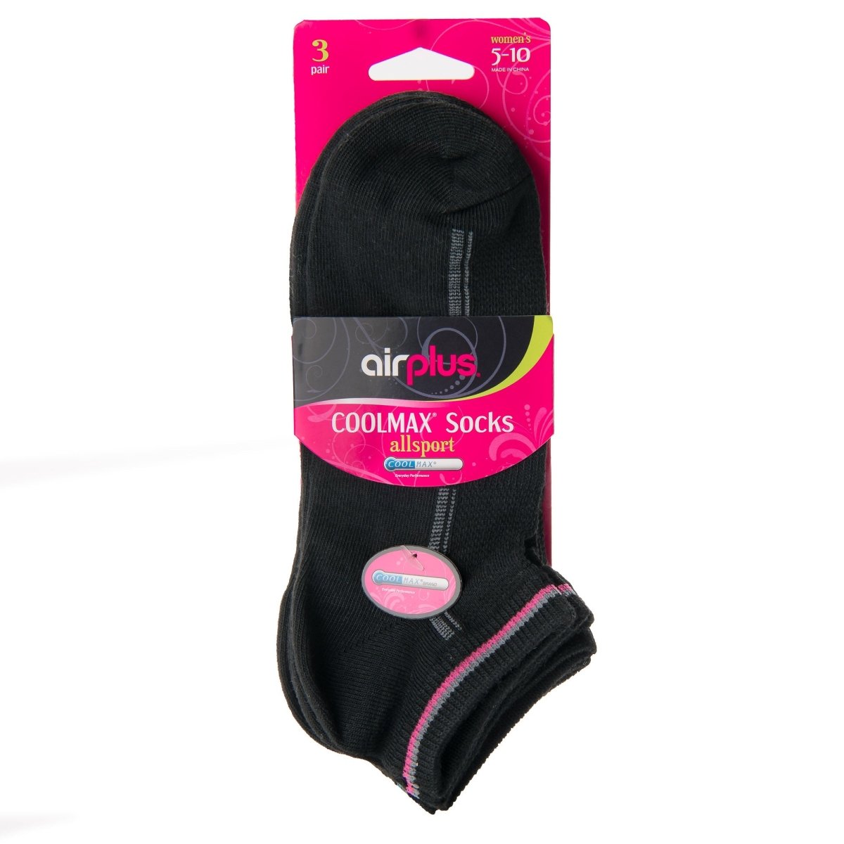 Airplus Women's No Show CoolMax Lightweight Socks, Black, Medium, 3 Pairs - Forza Sports
