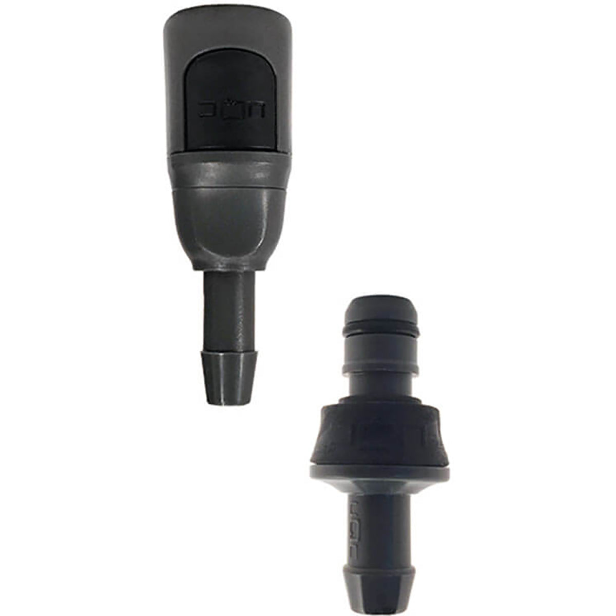 Two black plastic nozzles on a white background
