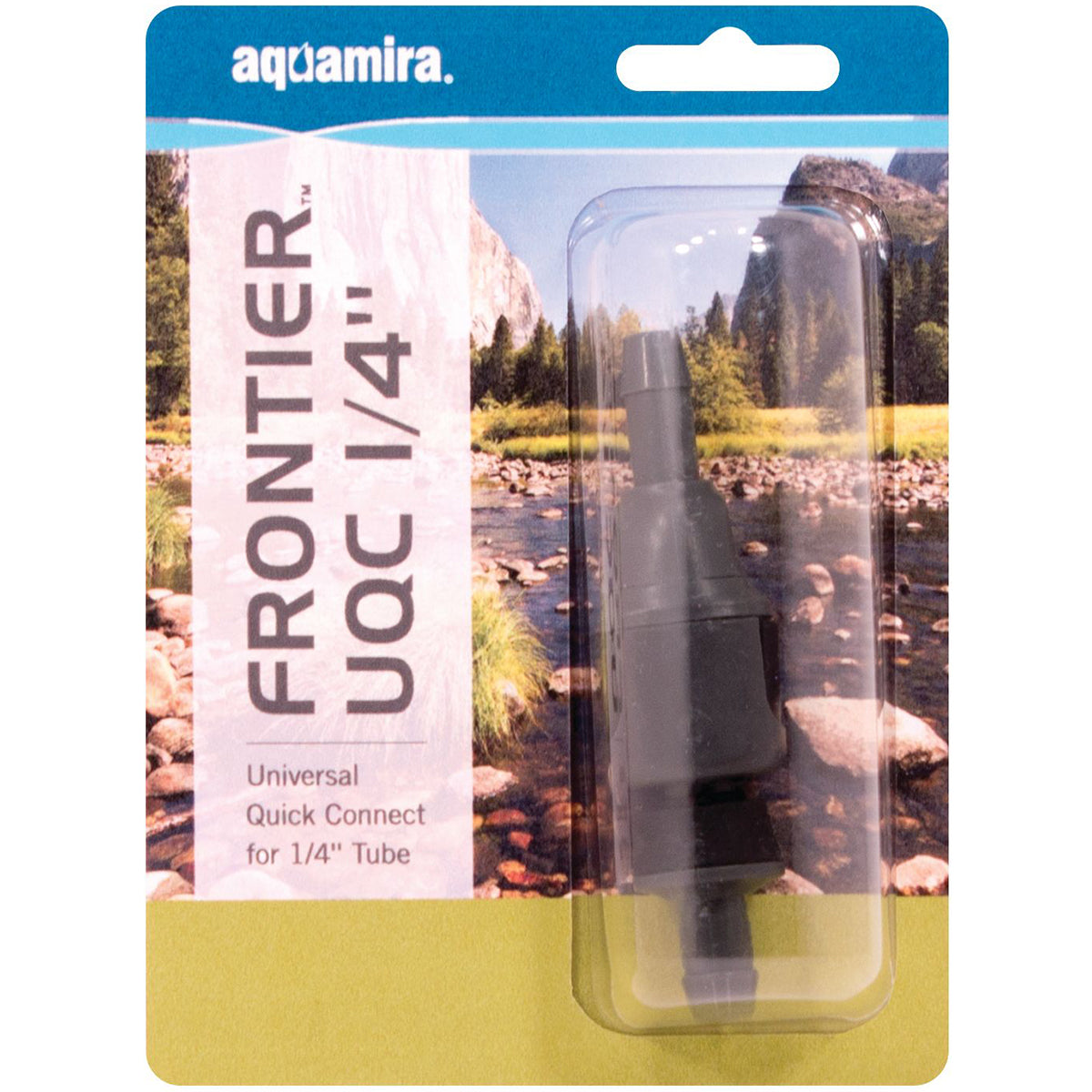 Aquamira Frontier UQC 1/4" quick connect for 1/4" tube packaging with scenic background