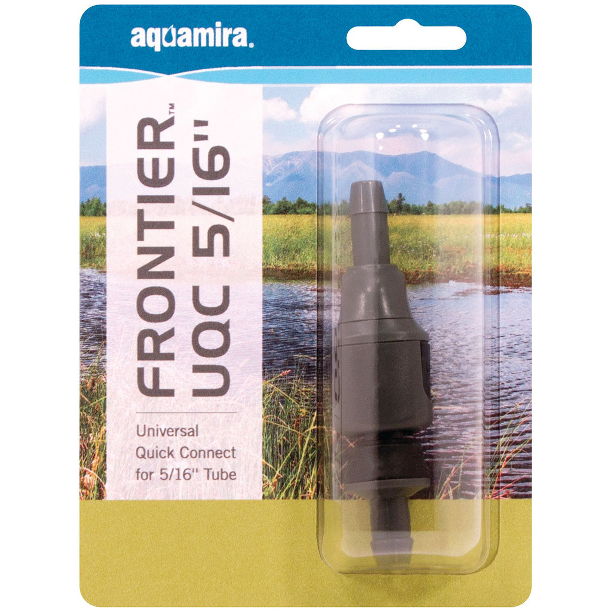 Aquamira Frontier UAC 5/16" quick connect for 5/16" tube packaging with scenic background