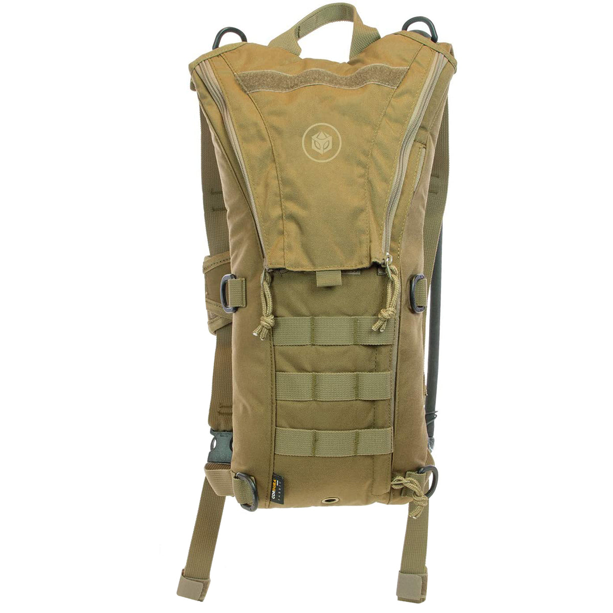 Tan tactical backpack on a white background