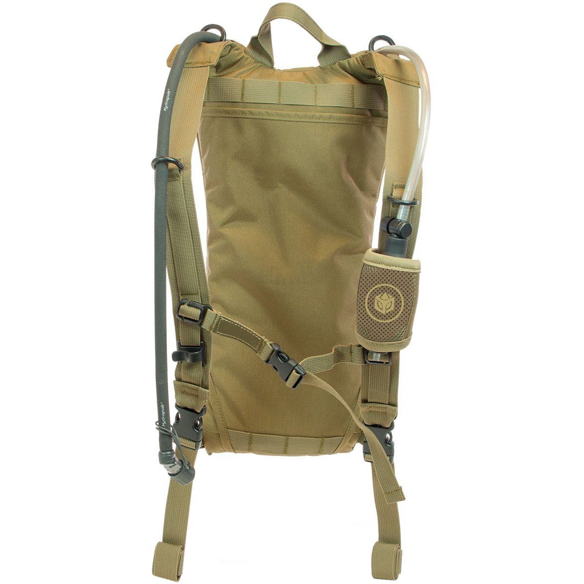 Tan hydration backpack with a visible brand logo on a white background