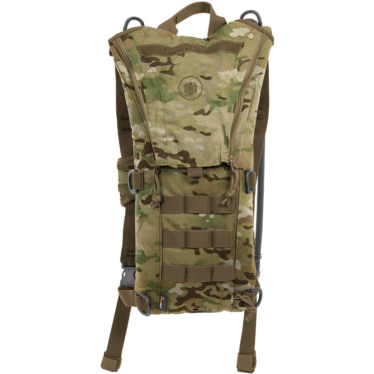 Camouflage hydration backpack on a white background