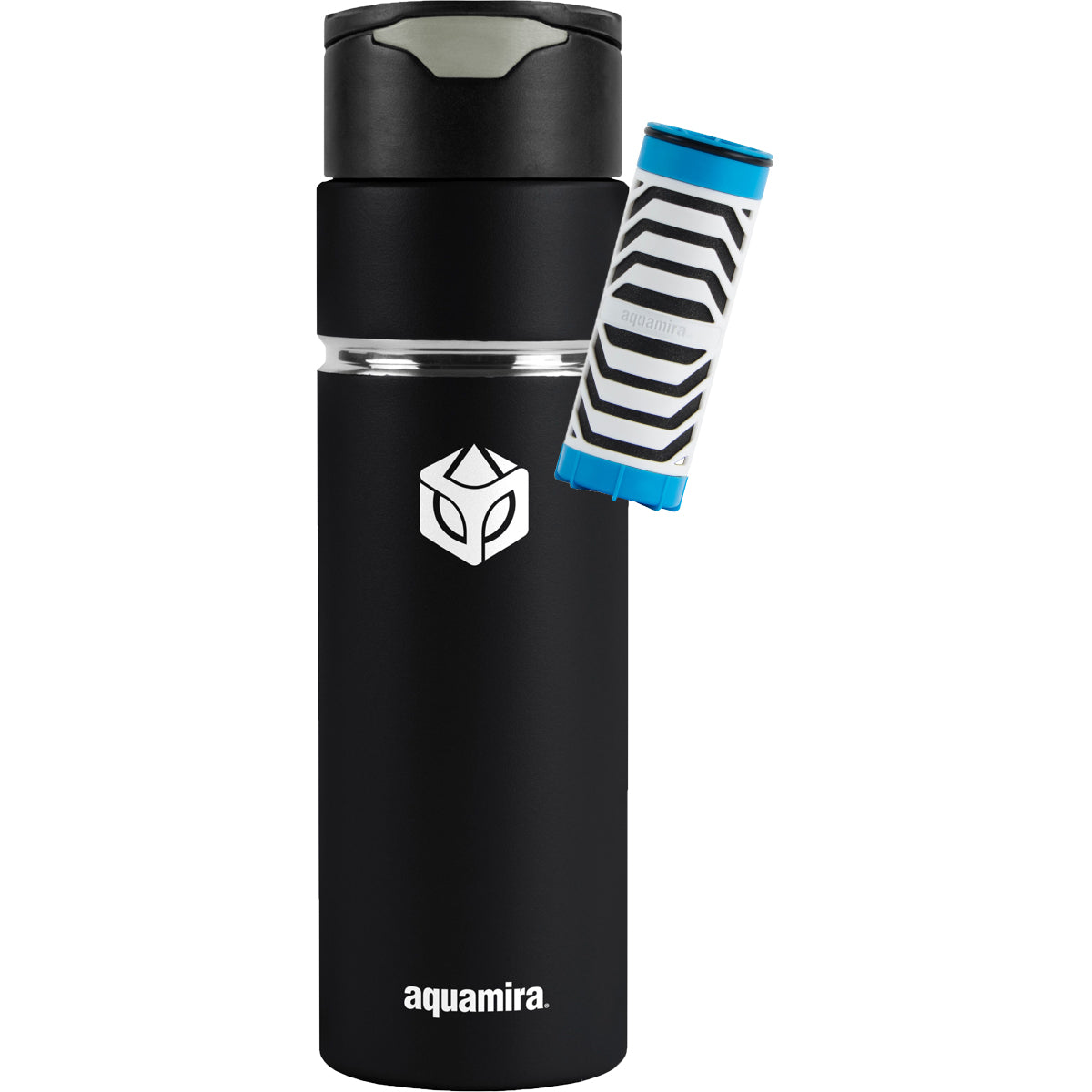 Black Aquamira water bottle with a small striped item on a white background