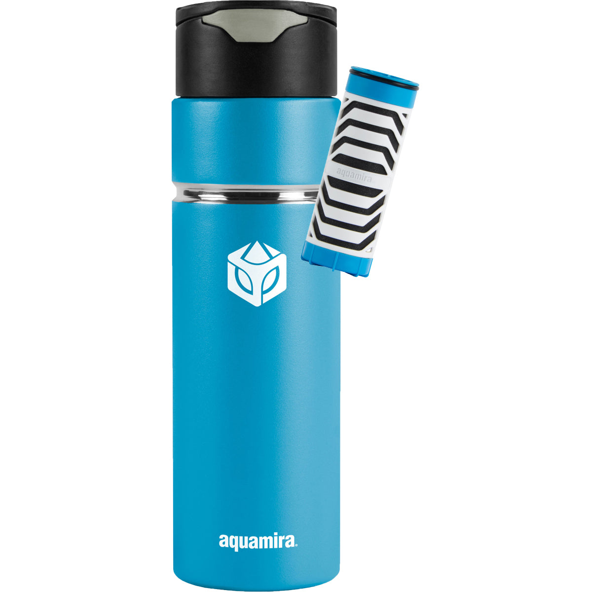 Blue water bottle with black lid and striped sleeve on a white background