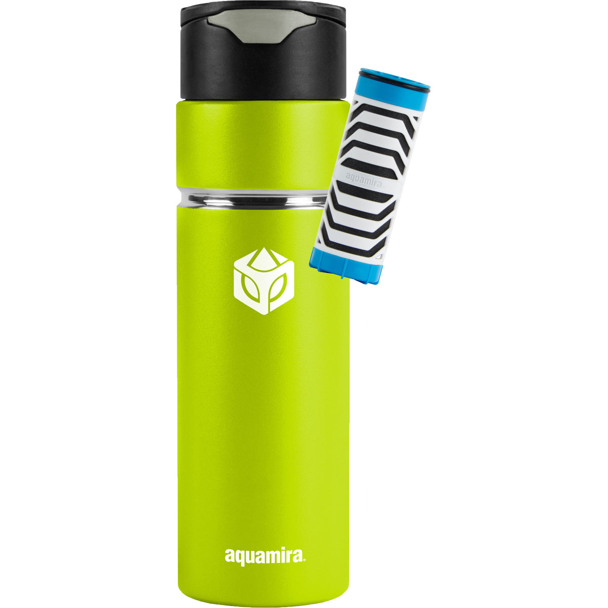 Green water bottle with black cap and striped sleeve on a white background