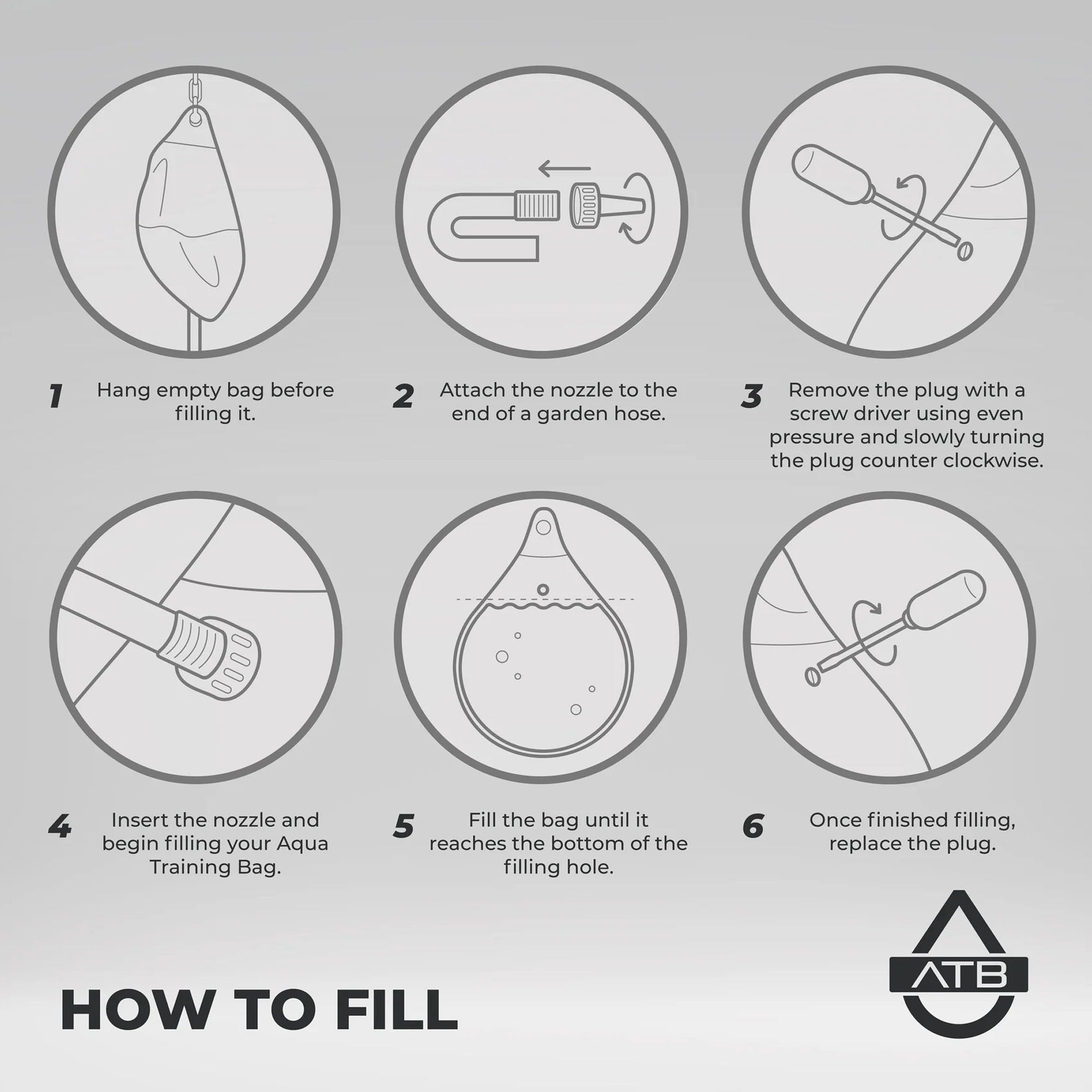 Step-by-step guide on how to fill an Aqua Training Bag with icons and text.