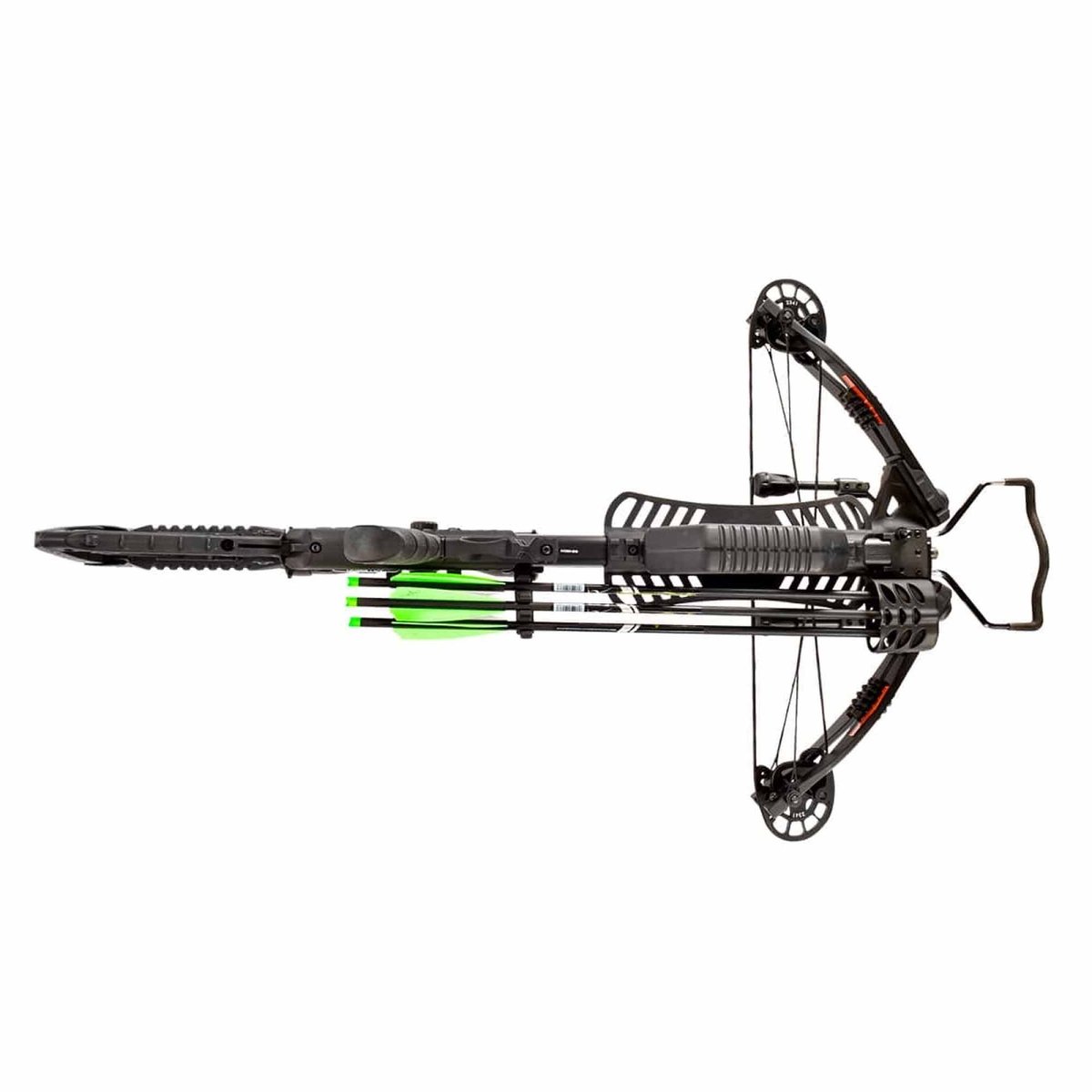 Black crossbow kit with multiple arrows on a white background