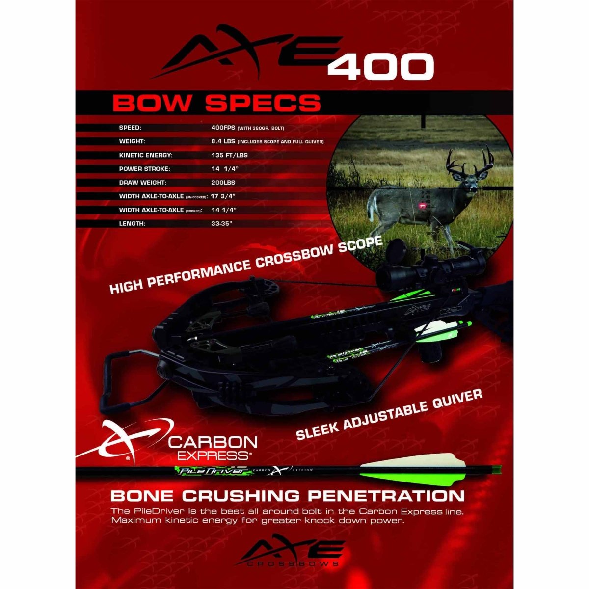 AXE 400 crossbow kit with specifications on a red background