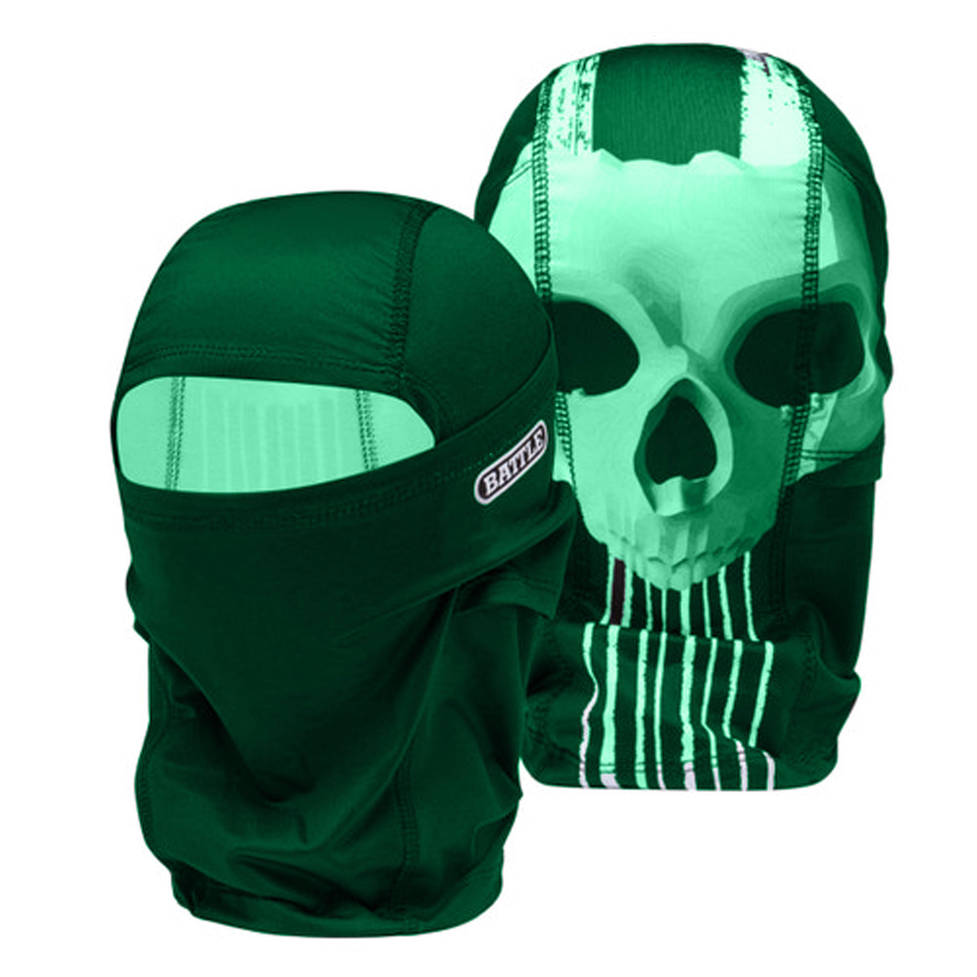 Green balaclava performance mask with skull design on a white background