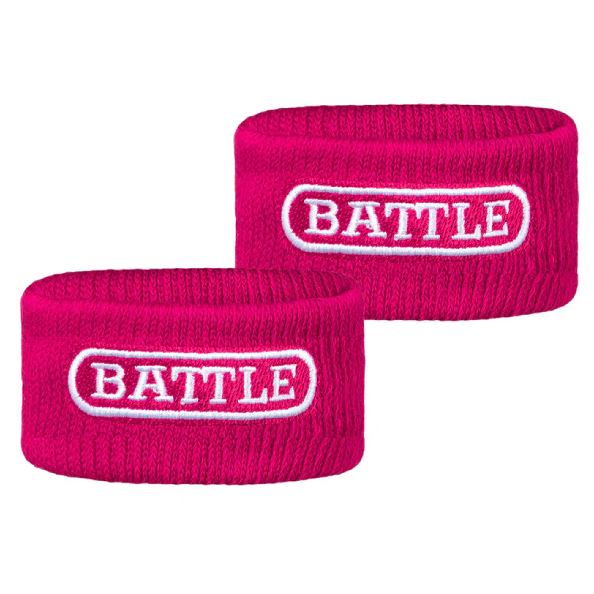 Two pink thick arm bands with 'BATTLE' logo on a white background