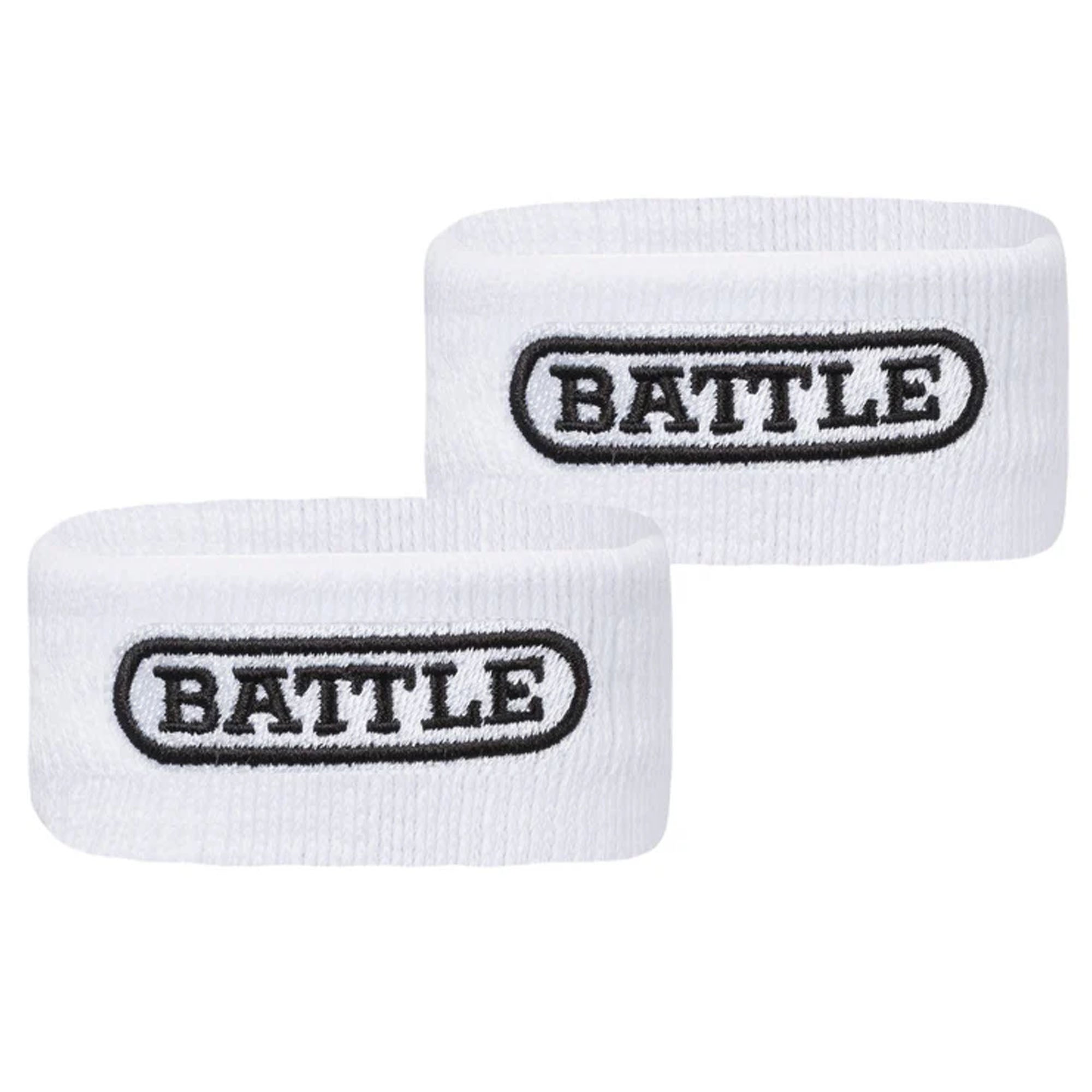 Two white thick arm bands with 'BATTLE' logo on a white background