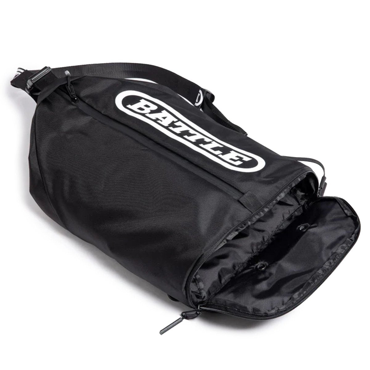 Black sling bag with a brand logo on a white background
