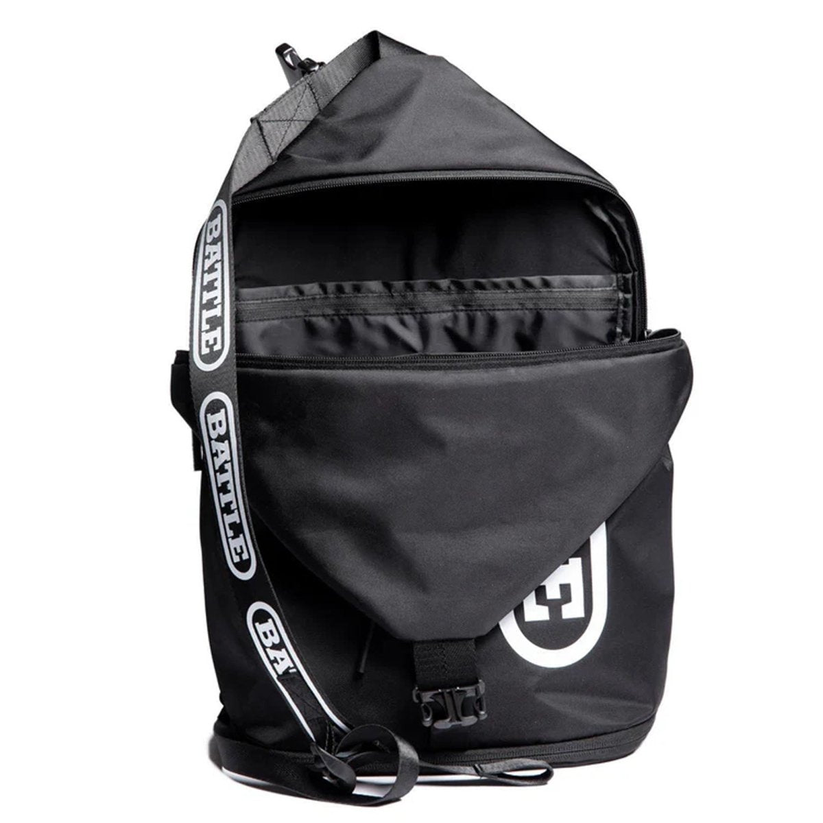 Black sling bag with visible branding on a white background