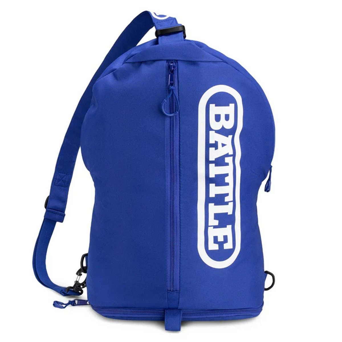 Blue sling bag with 'BATTLE' logo on a white background