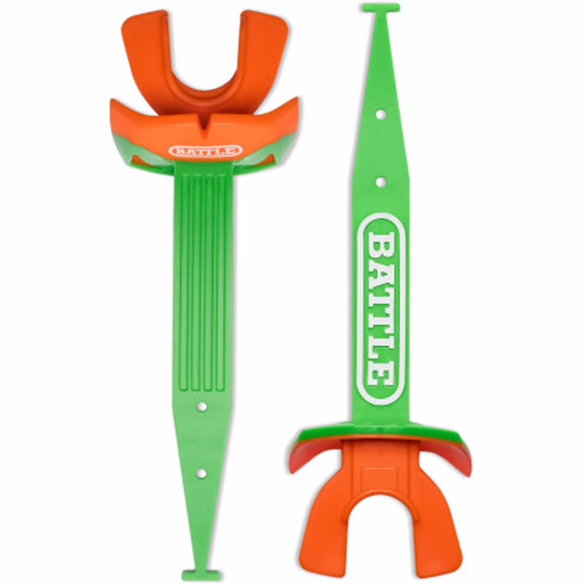Two green and orange plastic football mouthguard with 'Battle' branding on a white background