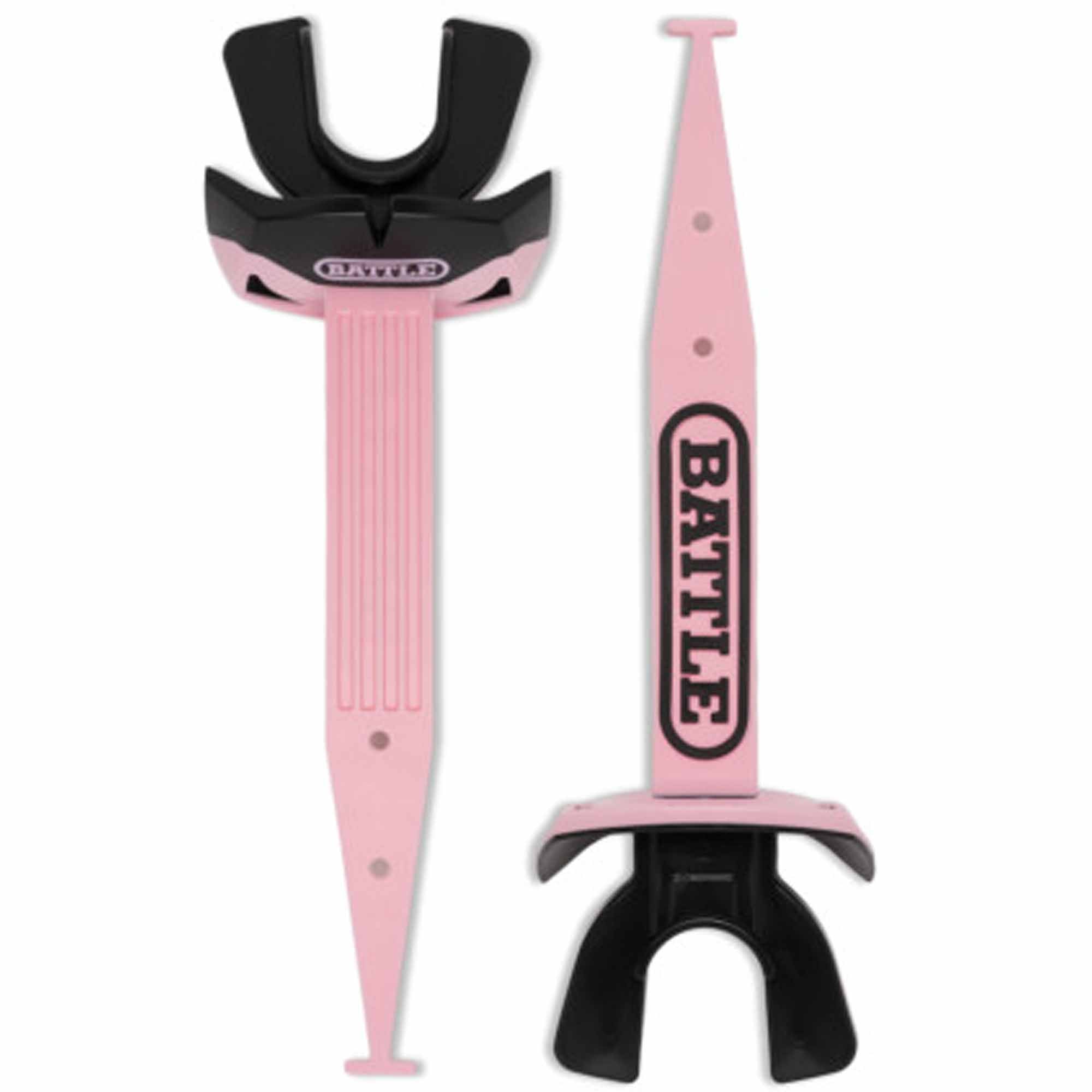 Pink and black dental football mouthguard with 'BATTLE' branding on a white background
