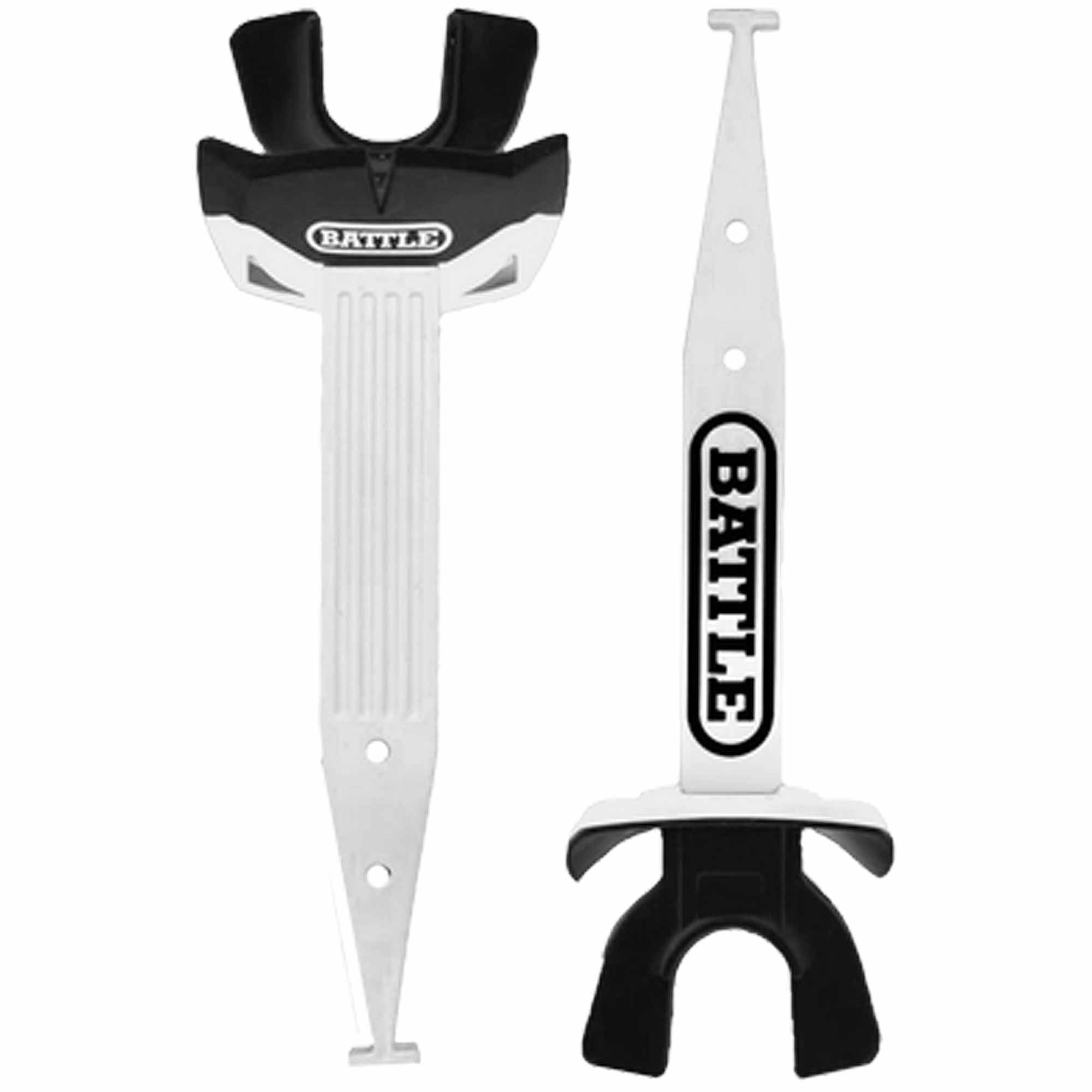 Two black and white football mouthguard holders with 'Battler' branding on a white background