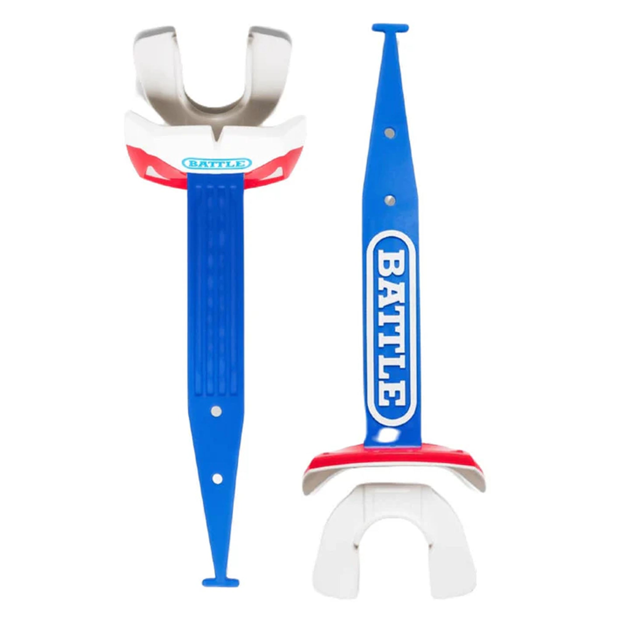 Two blue and red football mouthguards with 'Battle' branding on a white background