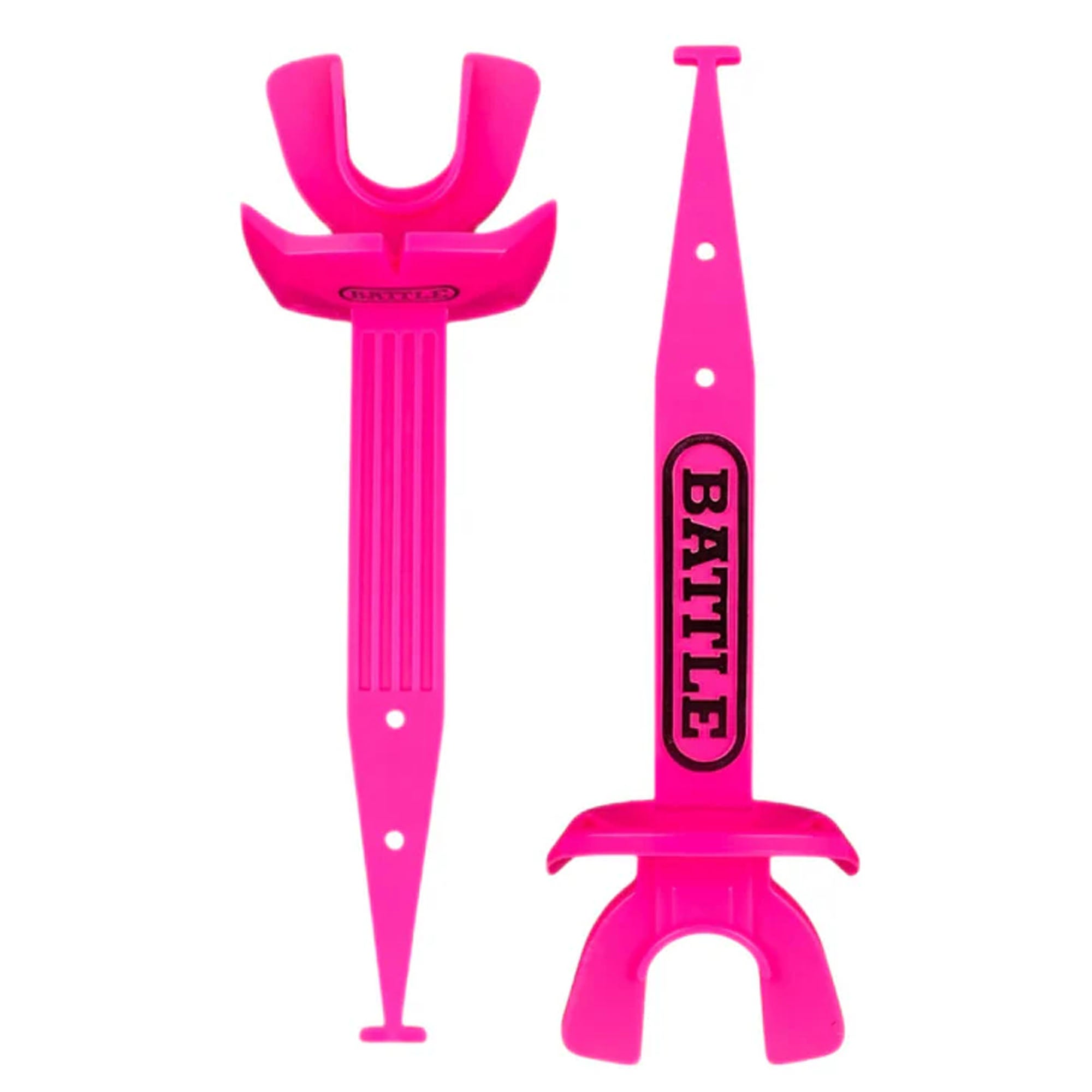 Two pink football mouthguard with 'BATTLE' branding on a white background