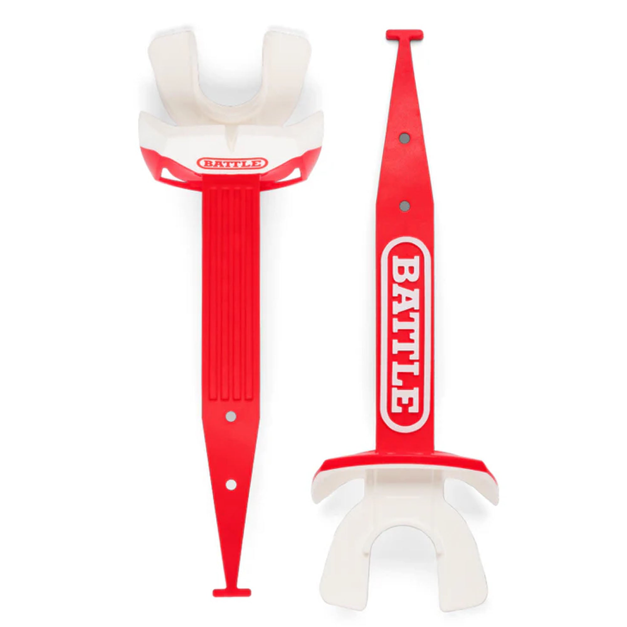 Red and white dental football mouthguard with 'Battle' branding on a white background