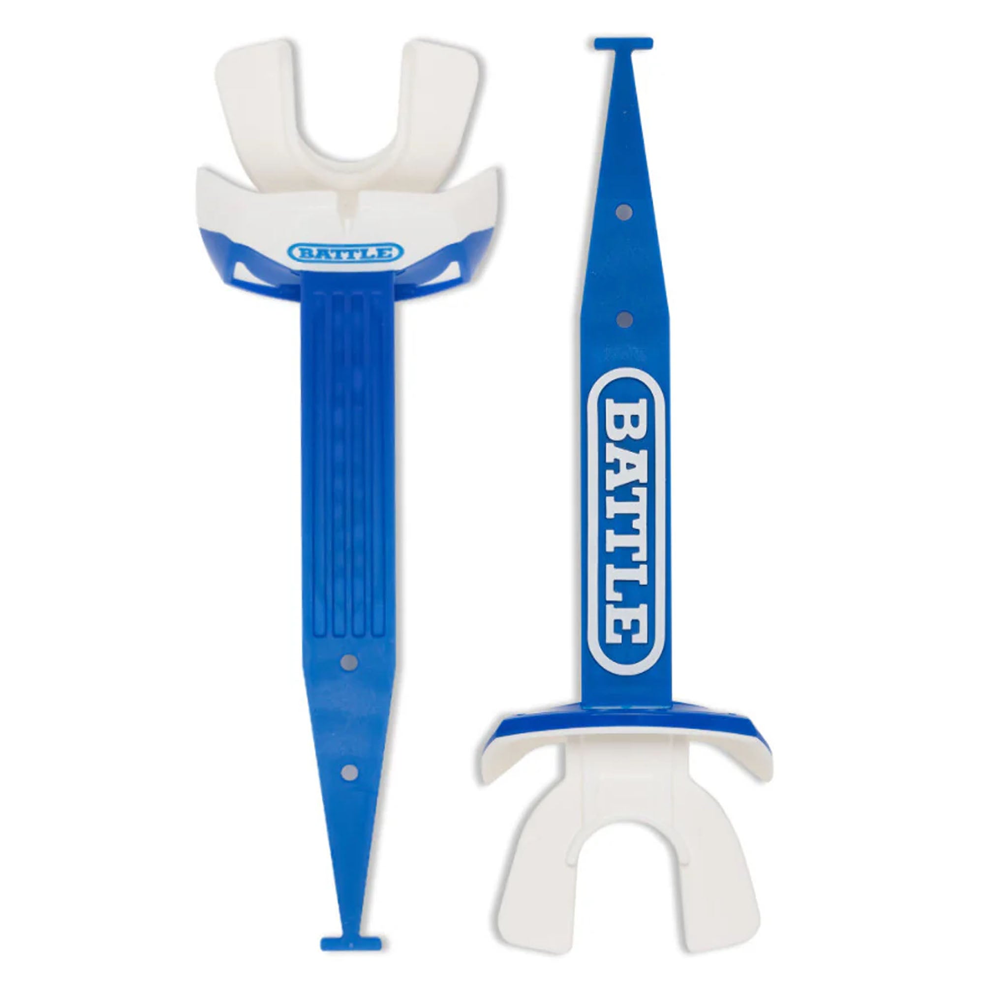 Blue and white dental football with 'Battle' branding on a white backgroundmouthguard