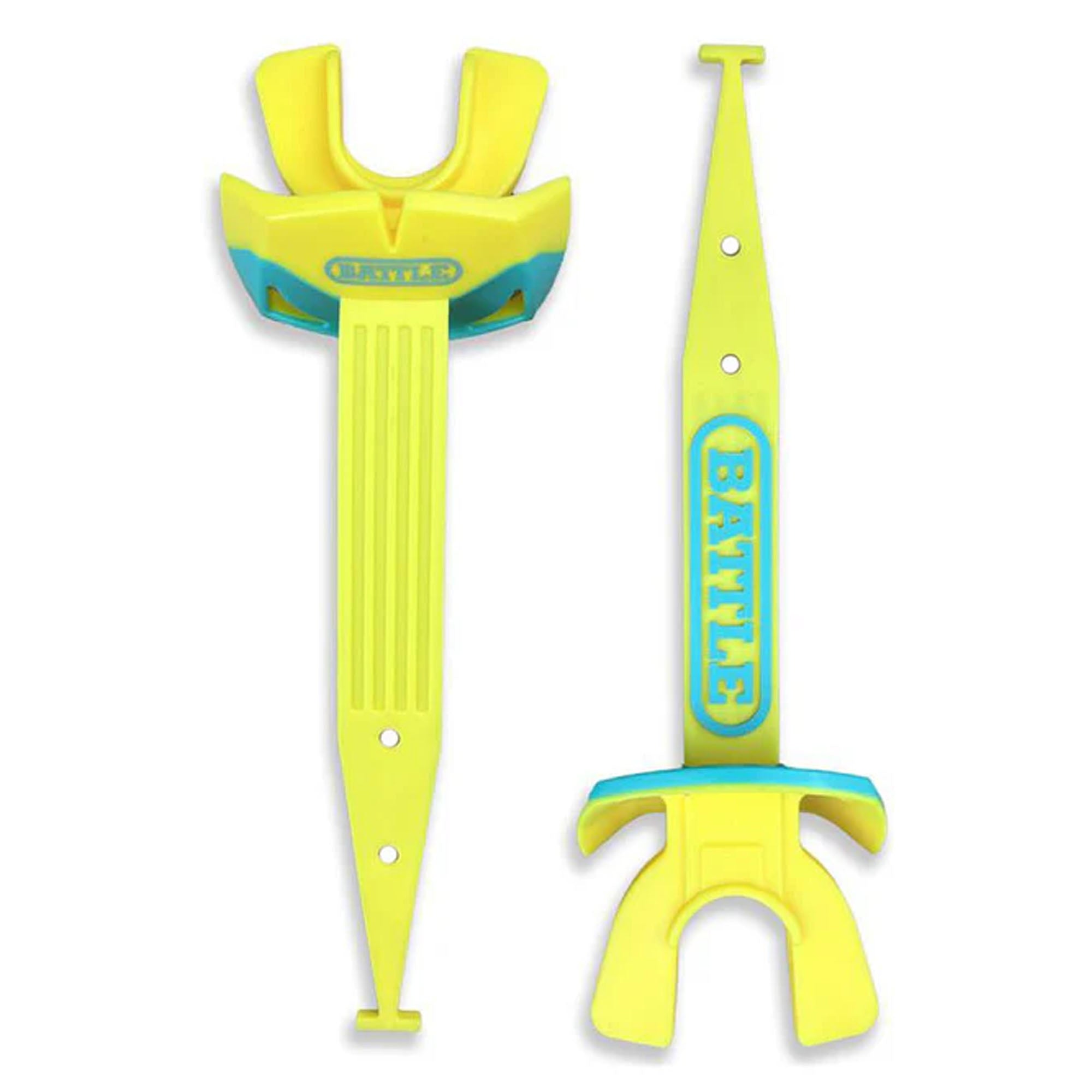 Yellow and blue fishing football mouthguard on a white background