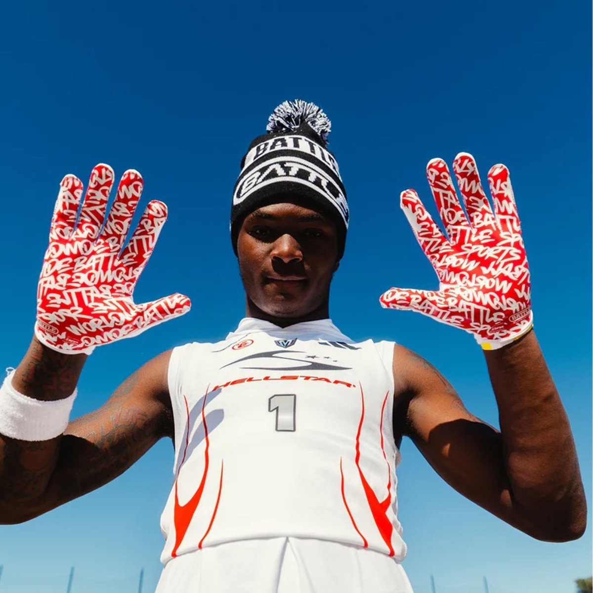 Battle Sports Youth "Lux" Doom Speed Receiver Football Gloves, White/Red - Forza Sports