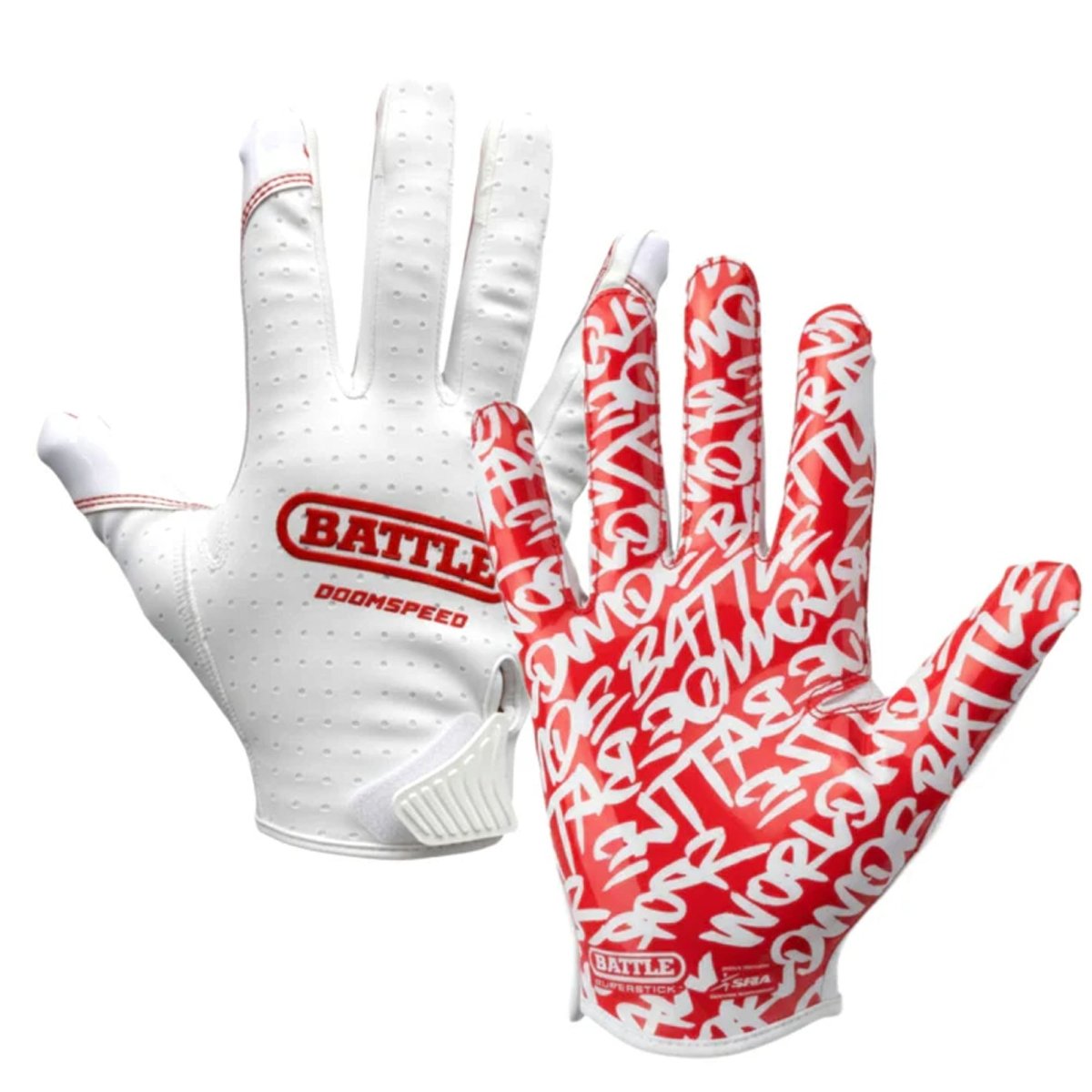 Battle Sports Adult "Lux" Doom Speed Receiver Football Gloves, White/Red - Forza Sports