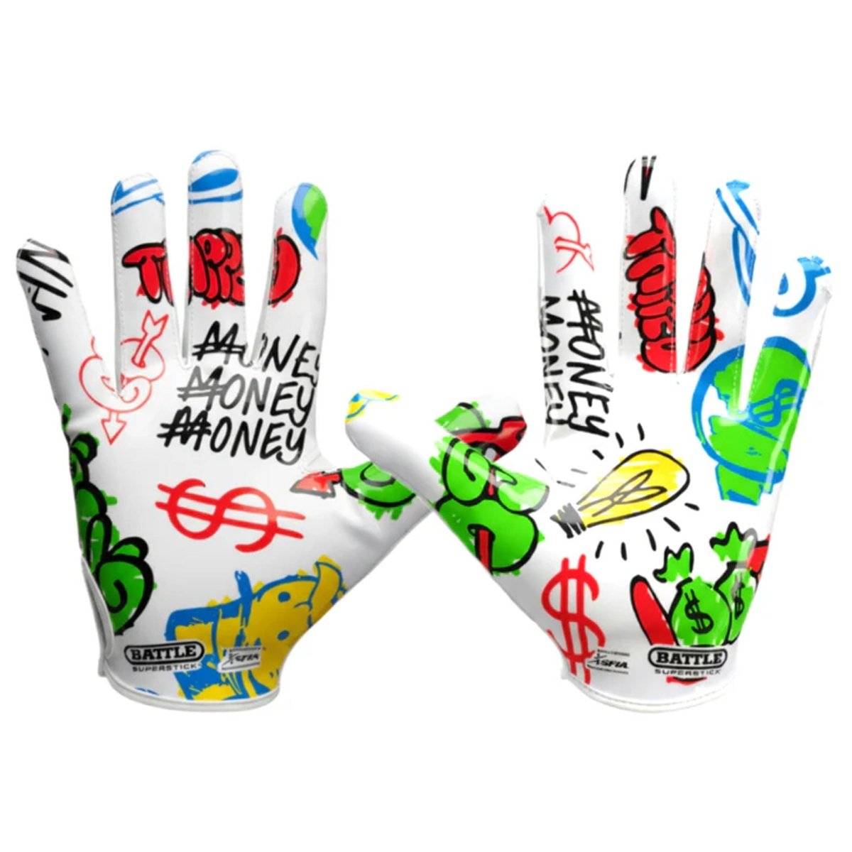 Battle Sports Adult "Monopoly Street Art" Doom Speed Receiver Football Gloves, White - Forza Sports