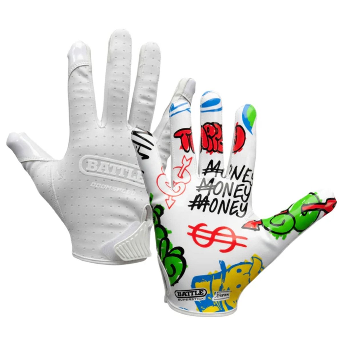 Battle Sports Youth "Monopoly Street Art" Doom Speed Receiver Football Gloves, White - Forza Sports