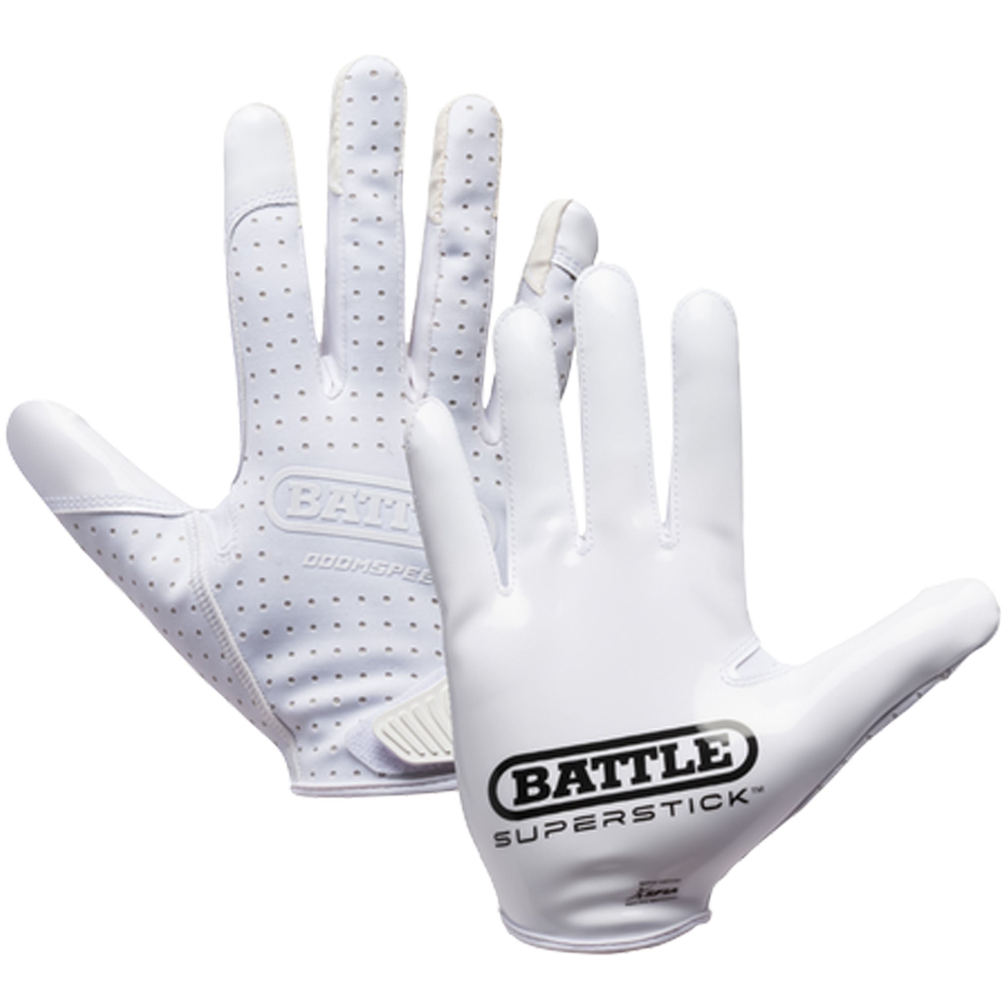 White sports gloves with 'Battle Superstick' branding on a white background