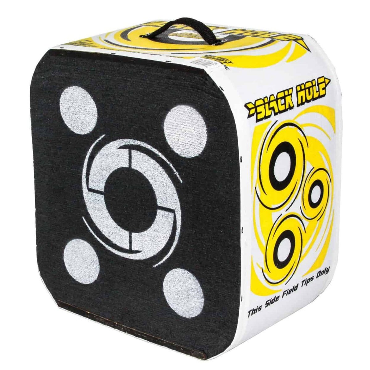 Archery target with black, white, and yellow design on a white background