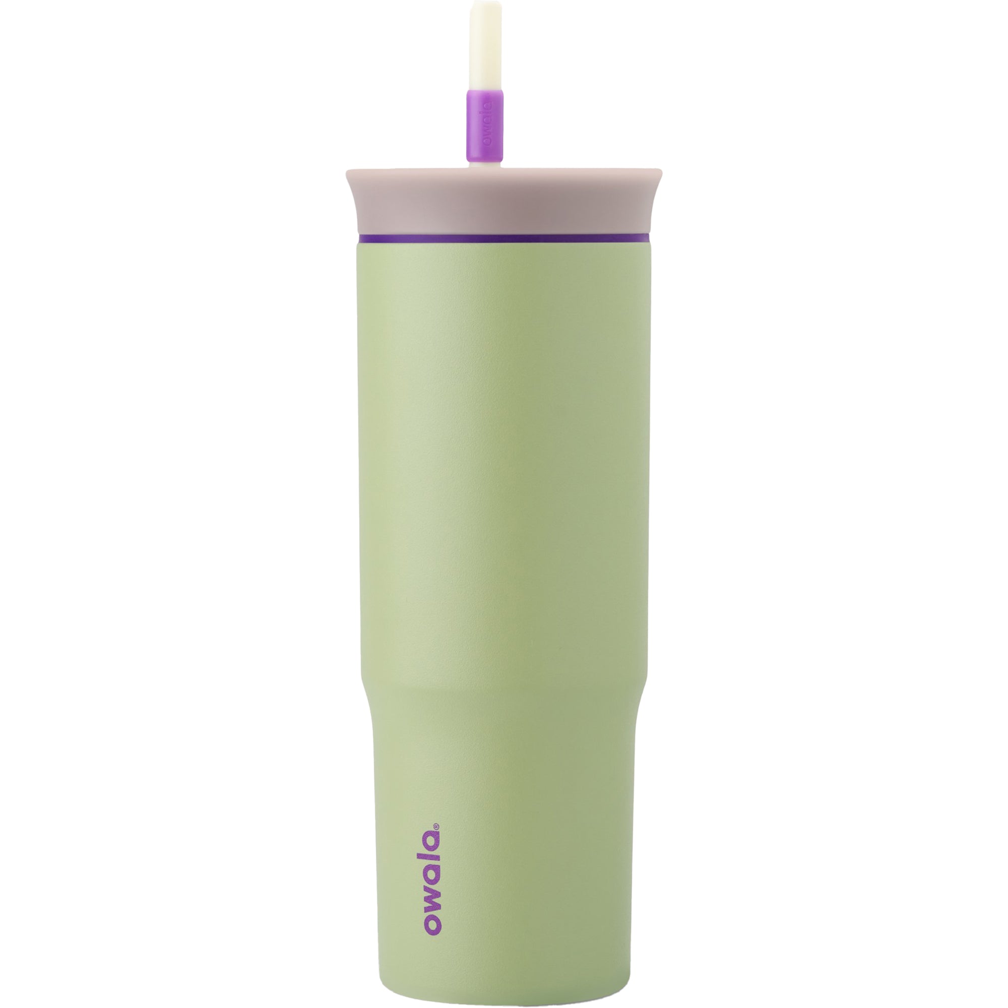 Green tumbler with purple lid and straw on a white background