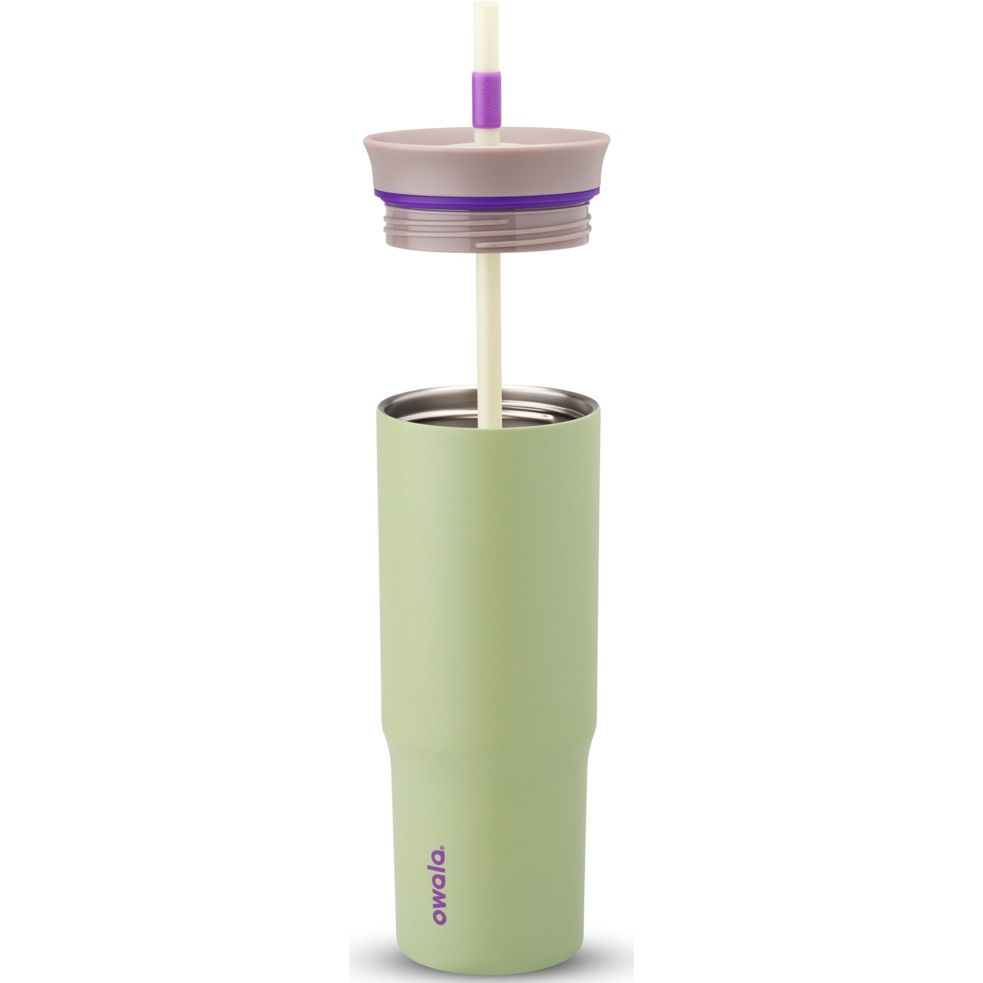 Green tumbler with a purple lid and straw on a white background