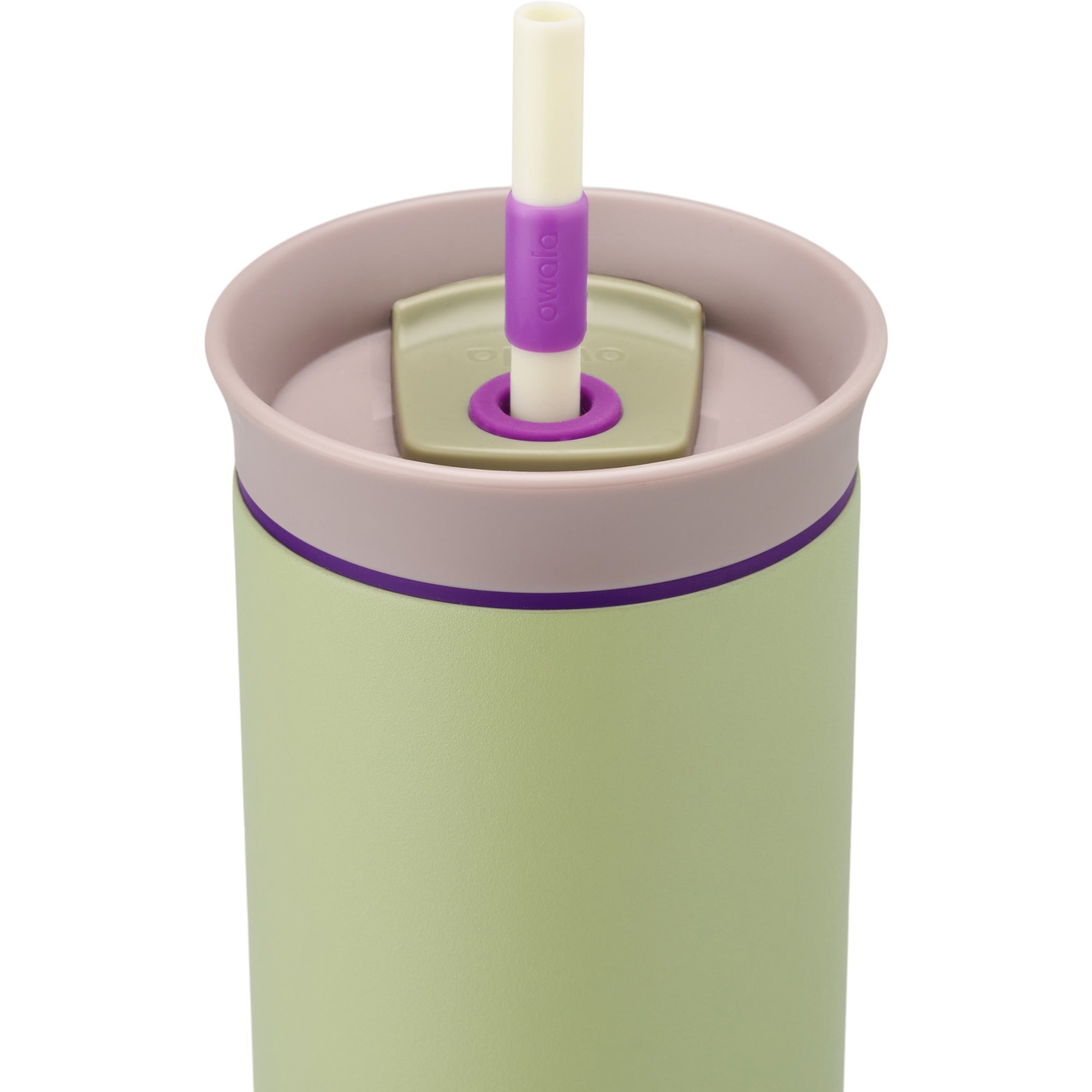 Green tumbler with a purple rim and straw on a white background