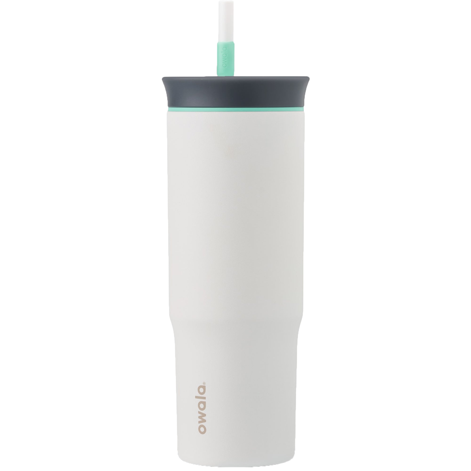 White tumbler with a dark gray lid and straw on a white background