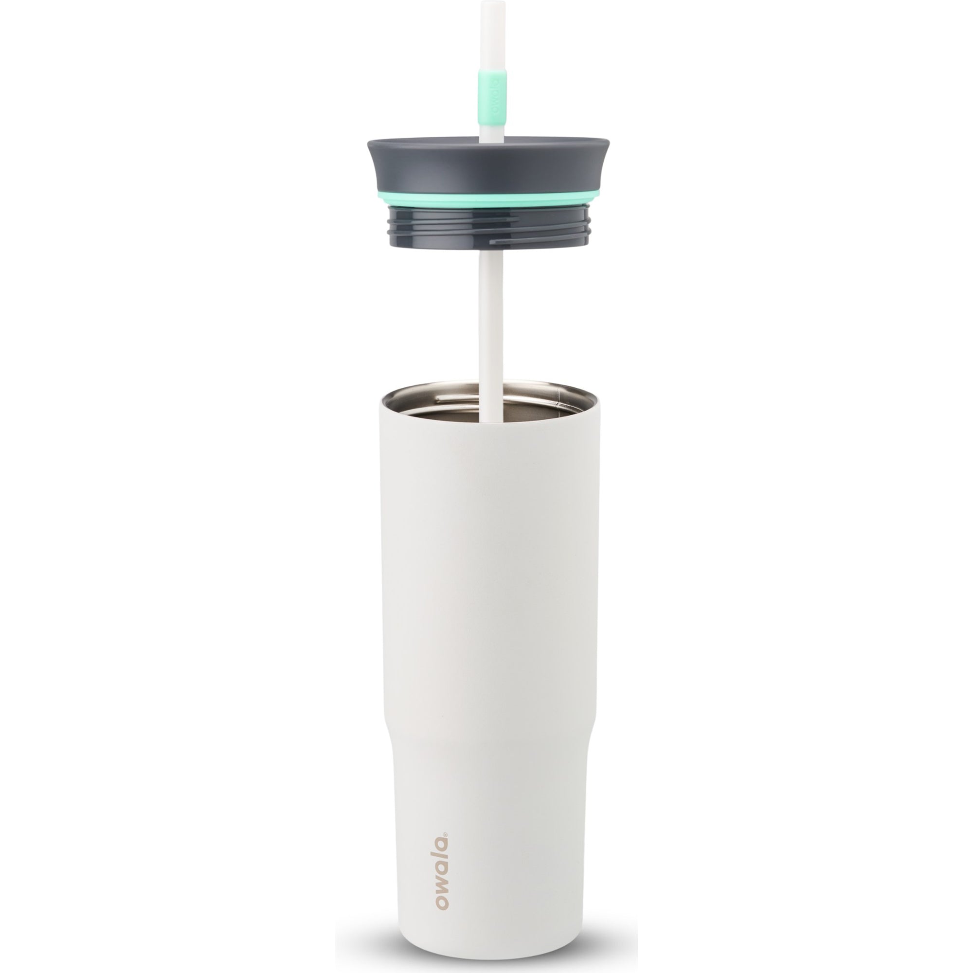 White tumbler with a gray lid and straw on a white background