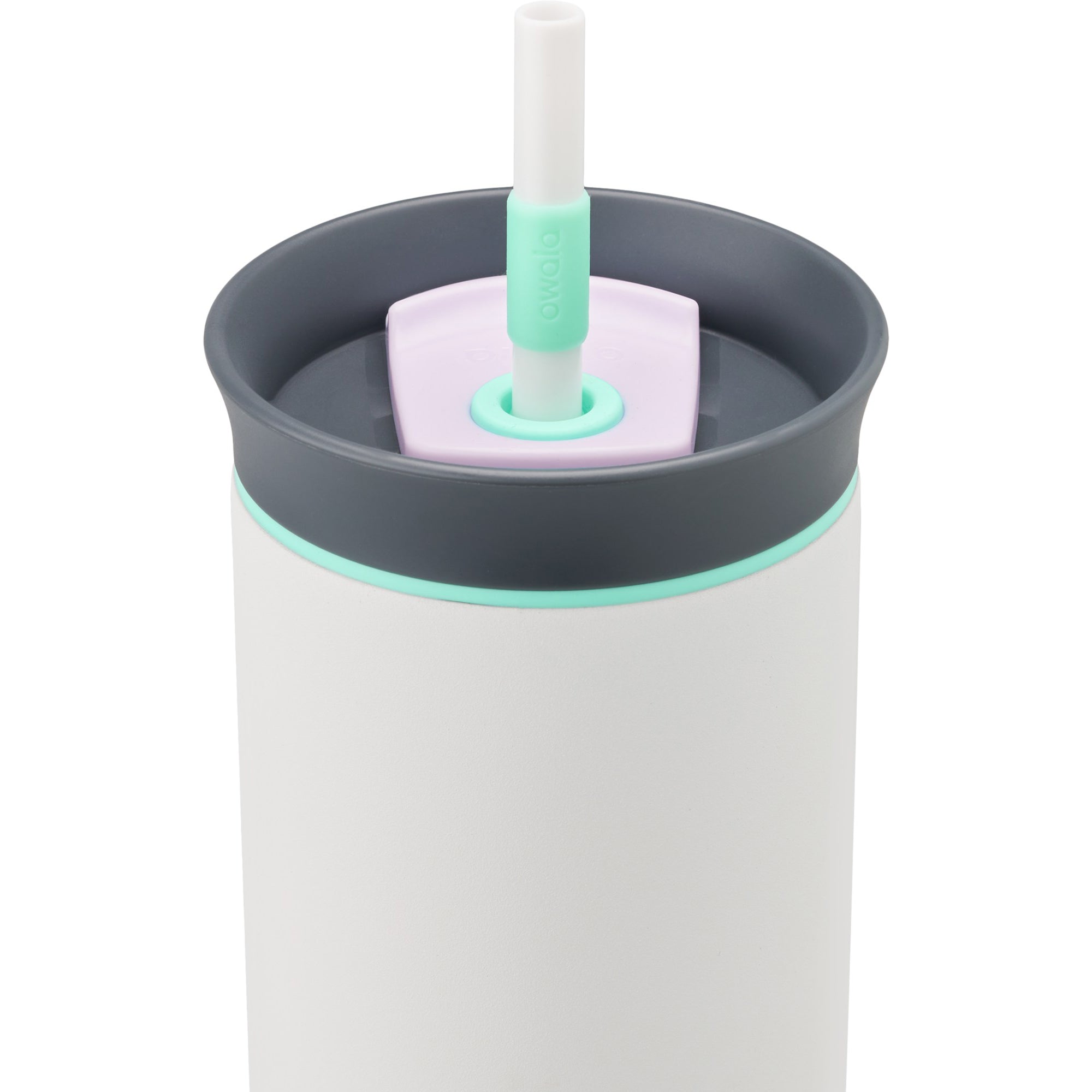 Gray tumbler with a white straw and green accents on a white background